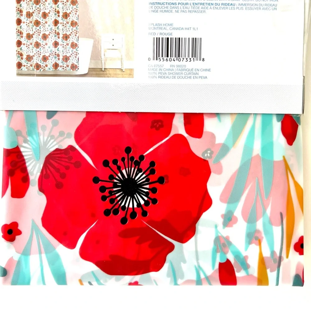Faro Poppy Flower Garden Peva Shower Curtain Red Teal Golden Yellow Floral - Picture 7 of 10